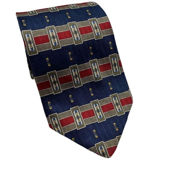 Vintage Oscar de la Renta Men's Necktie Tie Blue Maroon Geometric Silk Designer - Picture 2 of 7